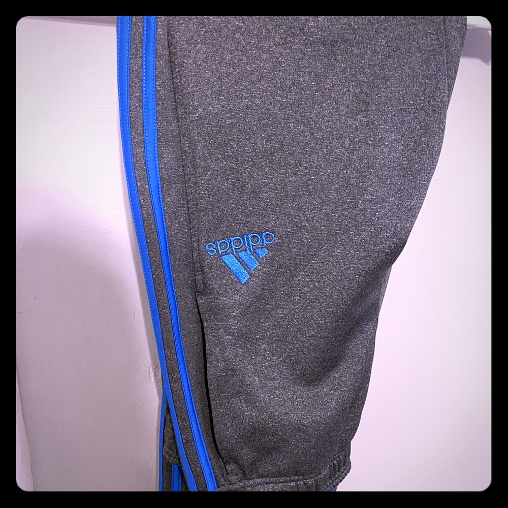 Adidas sweatpants- gray with royal blue stripes